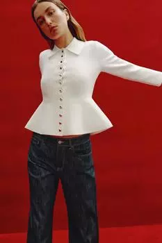Жакет с баской из однотонной вязки ZARA, белый