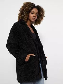 Жакет Воротник Однотонное Плюшевое Женское Пальто С Длинным Рукавом LCW Casual