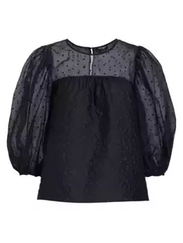 Жаккардовая блузка прямого силуэта с объемными рукавами Kate Spade New York, черный
