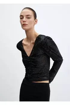 Жаккардовая блузка с люрексом Mango, черный