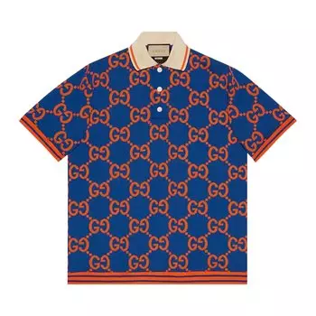 Жаккардовая футболка-поло Gucci GG, цвет Синий/Оранжевый