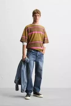 Жаккардовая футболка в полоску ZARA, коричневый