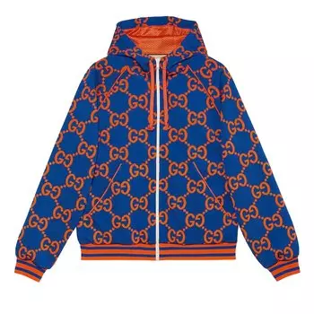 Жаккардовая куртка на молнии Gucci GG, цвет Синий/оранжевый