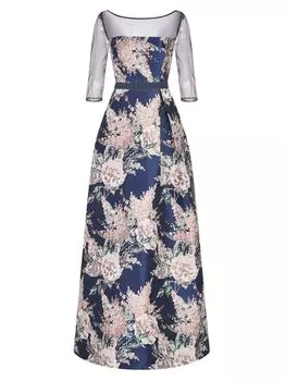 Жаккардовое бальное платье с рукавами иллюзия Kay Unger, синий