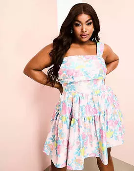 Жаккардовое мини-платье мини ASOS LUXE Curve синего и розового цвета