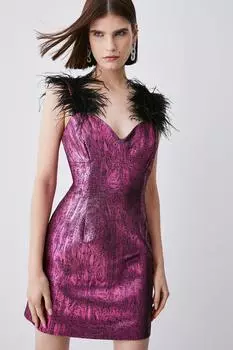 Жаккардовое мини-платье с перьями Karen Millen, розовый