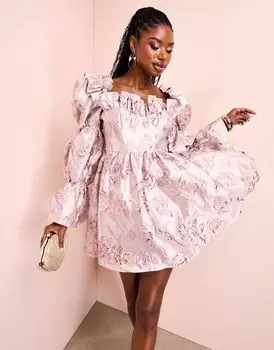Жаккардовое мини-платье с плиссированной юбкой и рюшами на рукавах ASOS