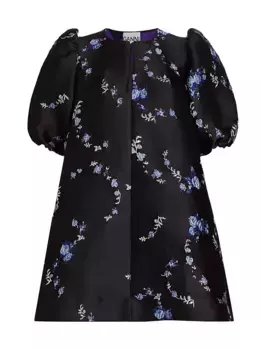 Жаккардовое мини-платье с пышными рукавами и цветочным принтом Ganni, черный