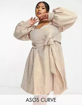 Жаккардовое мини-платье в оранжевую клетку ASOS LUXE Curve с вырезом сердечком и объемными рукавами
