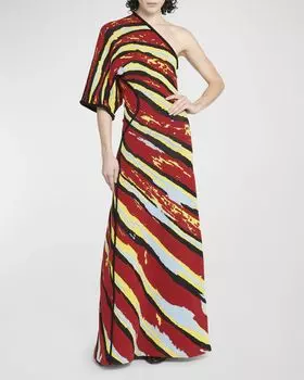 Жаккардовое платье макси на одно плечо с короткими рукавами Bottega Veneta, цвет Grenat