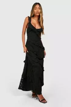 Жаккардовое платье макси с рюшами и бретелями boohoo, черный