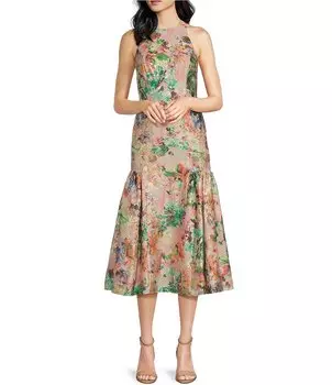 Жаккардовое платье миди без рукавов с круглым вырезом и металлическим оттенком Aidan Mattox, цветочный
