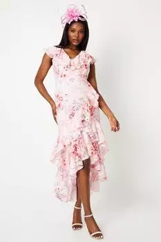 Жаккардовое платье миди из жоржетта с двойными рюшами и принтом Coast, розовый