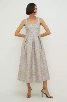 Жаккардовое платье-миди металлик с пышной юбкой Oasis, золото