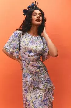 Жаккардовое платье миди с асимметричным цветочным принтом и рюшами Oasis, синий