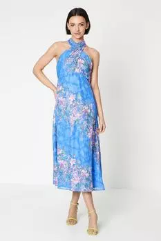 Жаккардовое платье миди с цветочным принтом и вырезом халтер Oasis, синий