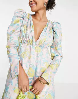 Жаккардовое платье миди с талией и складками на груди ASOS EDITION