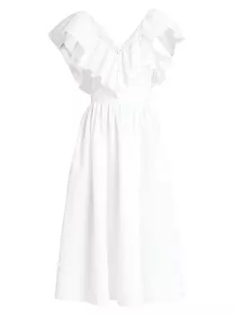 Жаккардовое платье-миди с V-образным вырезом и оборками Chlo, белый