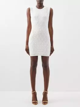Жаккардовое платье мини без рукавов с логотипом ff Fendi, белый