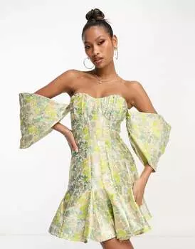 Жаккардовое платье мини с открытыми плечами, чашечками ASOS, годе и цветочным принтом
