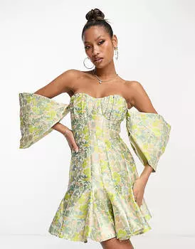 Жаккардовое платье мини с открытыми плечами и декором в виде годе ASOS LUXE