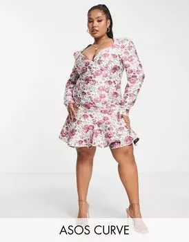 Жаккардовое платье мини с вырезом сердца и длинными рукавами ASOS LUXE Curve