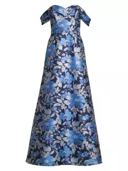 Жаккардовое платье с открытыми плечами Aidan Mattox, синий