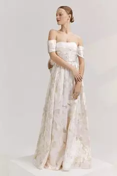 Жаккардовое платье с открытыми плечами из органзы в стиле RSN Coast, белый