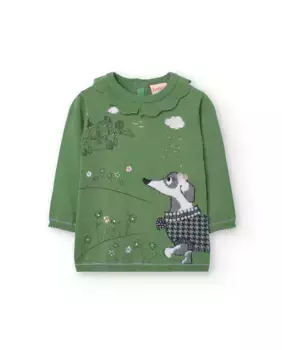 Жаккардовое трикотажное платье для девочки с рюшами на воротнике Boboli, зеленый