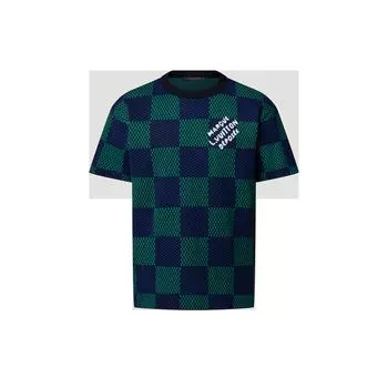 Жаккардовый джемпер Damier из хлопка с короткими рукавами и круглым вырезом Louis Vuitton, синий