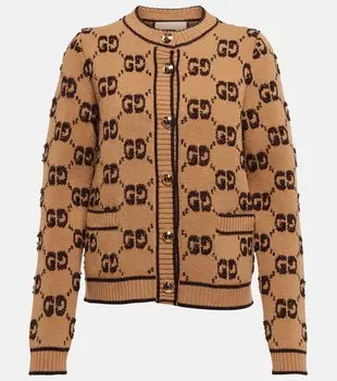 Жаккардовый кардиган из шерсти и букле с узором GG GUCCI, коричневый