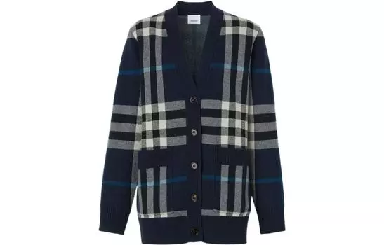 Жаккардовый кардиган свободного кроя в клетку, цвет «Темно-угольный» Burberry, Dark Charcoal Blue
