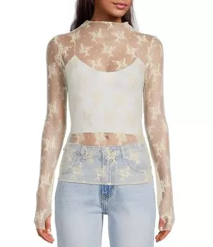 Жаккардовый многослойный топ с прозрачным вырезом и длинными рукавами Free People Lady Lux, бежевый