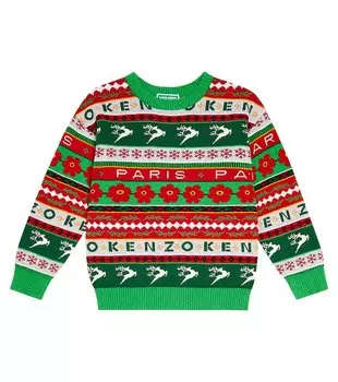 Жаккардовый свитер из смесового хлопка Kenzo Kids, мультиколор
