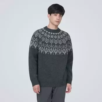 Жаккардовый свитер с круглым вырезом из мериносовой шерсти MUJI, угольно-серый