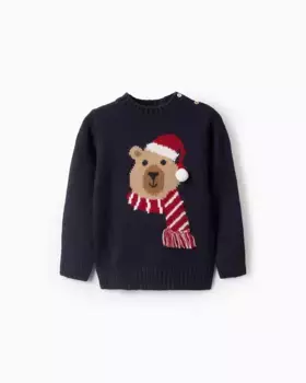 Жаккардовый свитер с мишкой для мальчика с помпоном Zippy, темно-синий
