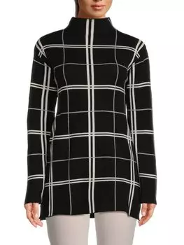 Жаккардовый свитер в клетку с воротником-стойкой Ellen Tracy, цвет Light Grey Mix