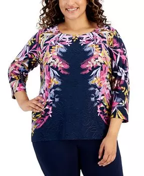 Жаккардовый топ больших размеров с рукавами 3/4 и овальным вырезом JM Collection, синий