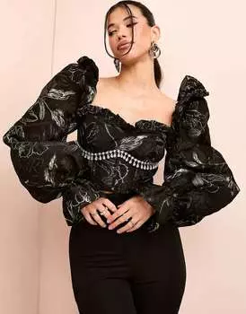 Жаккардовый топ с длинными рукавами и длинными рукавами ASOS LUXE черного и золотого цвета