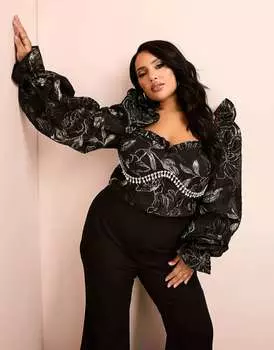 Жаккардовый топ с длинными рукавами и длинными рукавами ASOS LUXE Curve черного и золотого цвета
