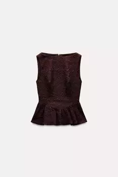 Жаккардовый топ с оборкой ZARA, коричневый