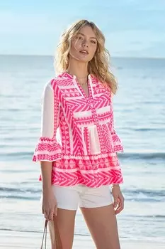 Жаккардовый топ в стиле бохо с расклешенными рукавами и V образным вырезом Joe Browns, розовый