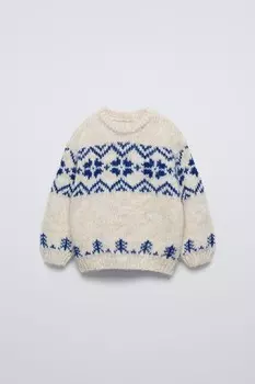 Жаккардовый трикотажный свитер из коллекции ski ZARA, экрю/синий