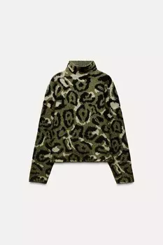Жаккардовый трикотажный свитер с животным принтом ZARA, эрю/хаки