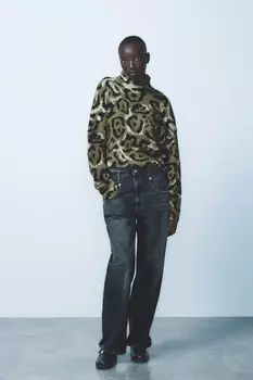 Жаккардовый трикотажный свитер с животным принтом ZARA, эрю/хаки