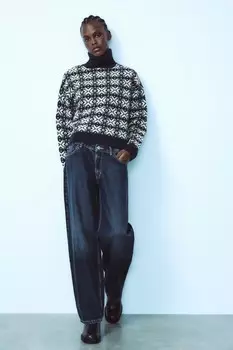 Жаккардовый трикотажный свитер ZARA, экрю/темно-синий