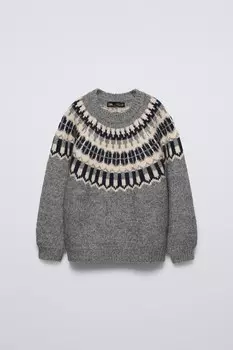 Жаккардовый трикотажный свитер ZARA, светло-серый