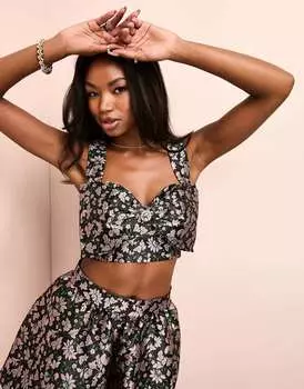 Жаккардовый укороченный топ ASOS LUXE с черно-фиолетовым цветочным принтом и украшенным бантом
