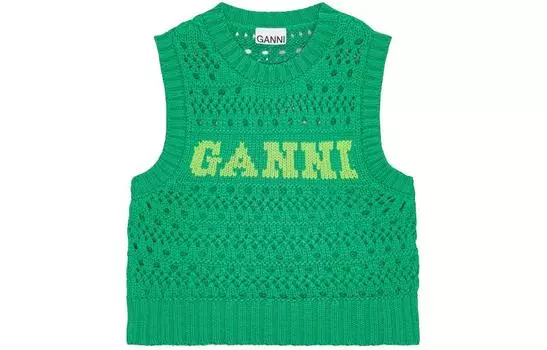 Жаккардовый вязаный крючком свитер с логотипом GANNI, Juniper Green