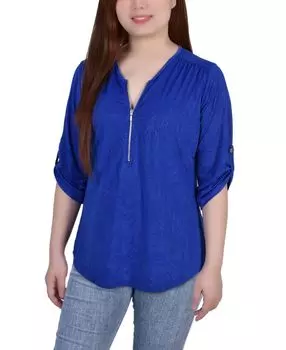 Жаккардовый вязаный топ petite со свернутыми язычками 3/4 и застежкой-молнией спереди NY Collection